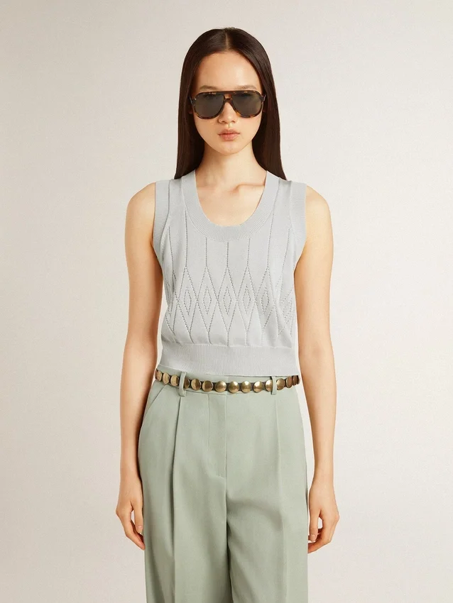 Ärmelloses Damen-Tanktop aus babyblauem Strick