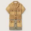 Safari-Kleid für Damen aus beiger und militärgrüner Baumwolle mit Maxi-Taschen