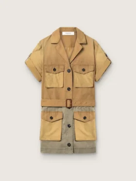 Safari-Kleid für Damen aus beiger und militärgrüner Baumwolle mit Maxi-Taschen