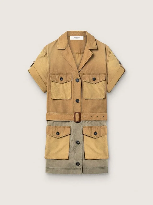 Safari-Kleid für Damen aus beiger und militärgrüner Baumwolle mit Maxi-Taschen