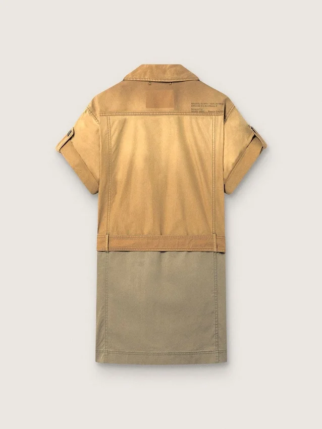 Safari-Kleid für Damen aus beiger und militärgrüner Baumwolle mit Maxi-Taschen