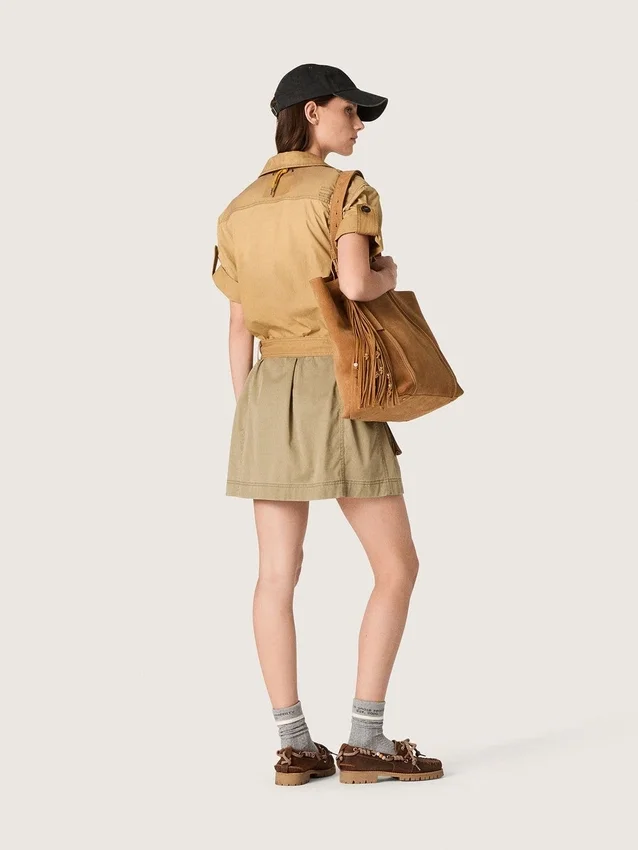 Safari-Kleid für Damen aus beiger und militärgrüner Baumwolle mit Maxi-Taschen