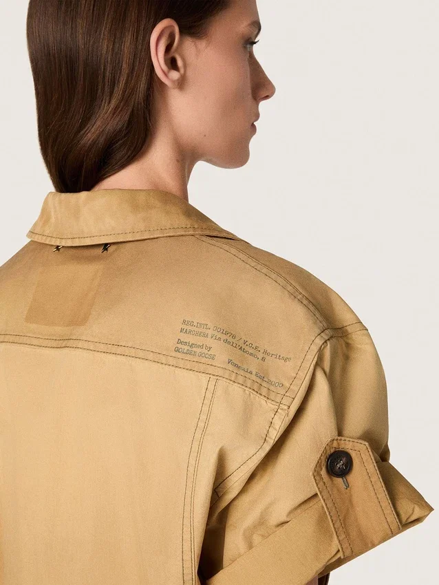 Safari-Kleid für Damen aus beiger und militärgrüner Baumwolle mit Maxi-Taschen