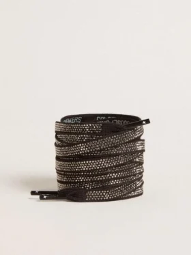 Schwarze Baumwollschnürsenkel mit silbernen Swarovski-Kristallen und weissem Logo