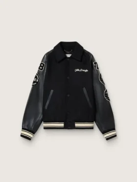 Schwarze Bomberjacke aus Wolle mit Aufnäher