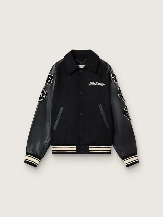 Schwarze Bomberjacke aus Wolle mit Aufnäher