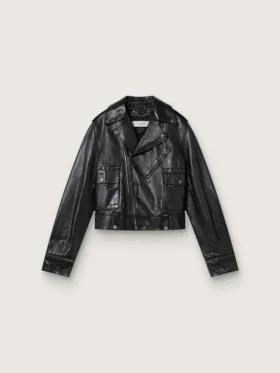 Schwarze Damen-Bikerjacke aus Leder mit Glanzeffekt