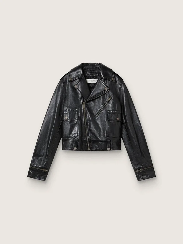 Schwarze Damen-Bikerjacke aus Leder mit Glanzeffekt