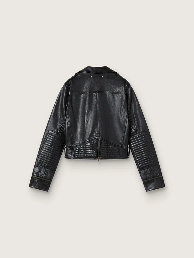 Schwarze Damen-Bikerjacke aus Leder mit Glanzeffekt