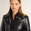 Schwarze Damen-Bikerjacke aus Leder mit Glanzeffekt