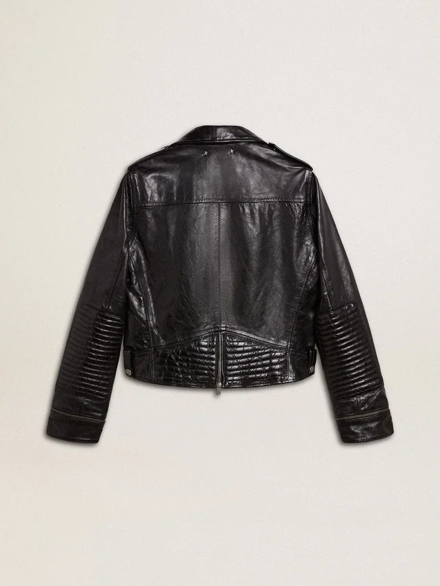 Schwarze Damen-Bikerjacke aus Leder mit Glanzeffekt