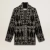 Schwarze Damen-Strickjacke mit Gürtel und Kristallen