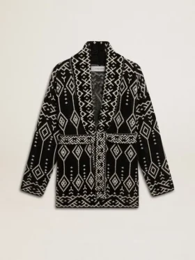 Schwarze Damen-Strickjacke mit Gürtel und Kristallen