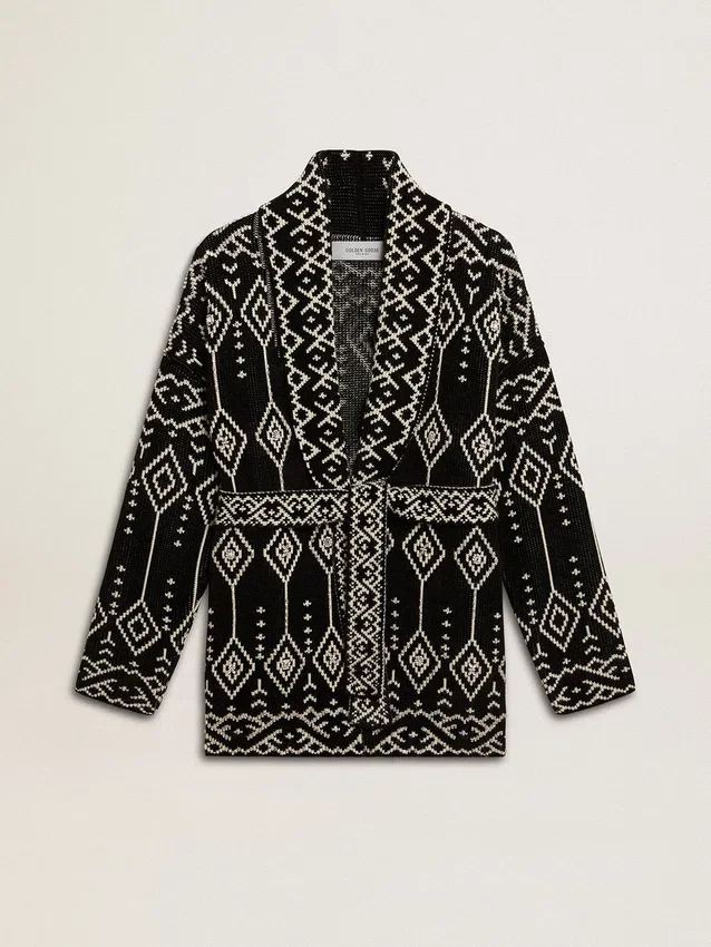 Schwarze Damen-Strickjacke mit Gürtel und Kristallen