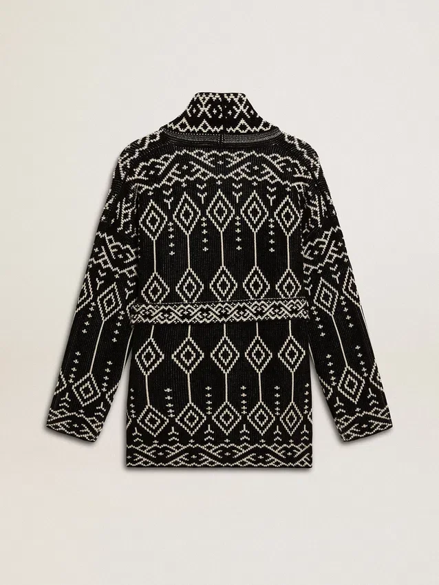 Schwarze Damen-Strickjacke mit Gürtel und Kristallen