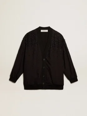 Schwarze Damen-Strickjacke mit schattierter Stickerei