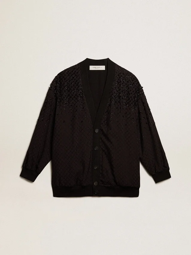 Schwarze Damen-Strickjacke mit schattierter Stickerei