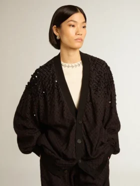 Schwarze Damen-Strickjacke mit schattierter Stickerei