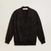 Schwarze Damen-Strickjacke mit Ton-in-Ton-Perlenstickerei im Toile-de-Jouy-Stil