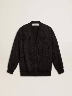 Schwarze Damen-Strickjacke mit Ton-in-Ton-Perlenstickerei im Toile-de-Jouy-Stil