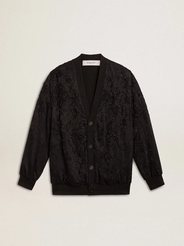 Schwarze Damen-Strickjacke mit Ton-in-Ton-Perlenstickerei im Toile-de-Jouy-Stil