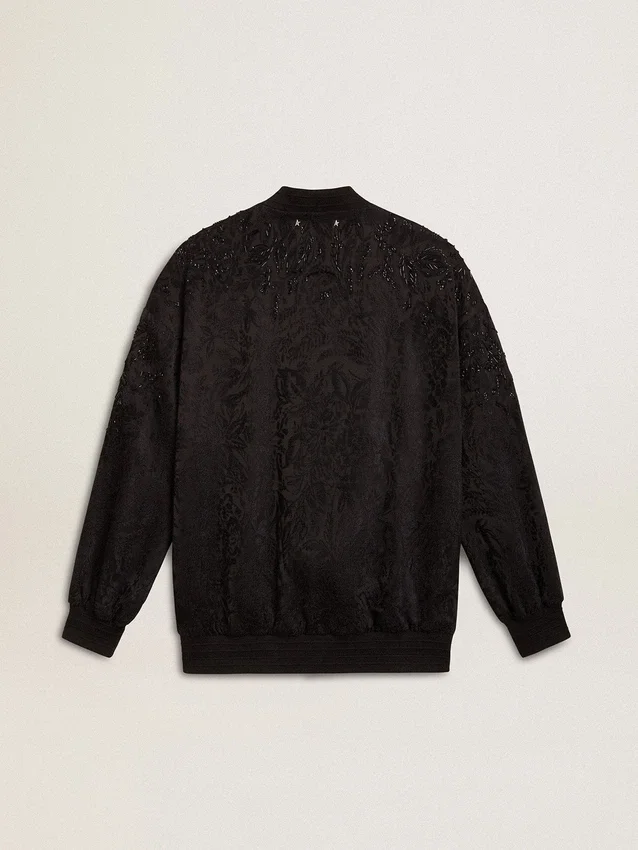 Schwarze Damen-Strickjacke mit Ton-in-Ton-Perlenstickerei im Toile-de-Jouy-Stil