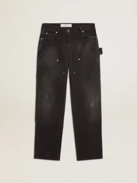 Schwarze Damenjeans aus Baumwolle im Distressed-Look mit Aufnähern vorne