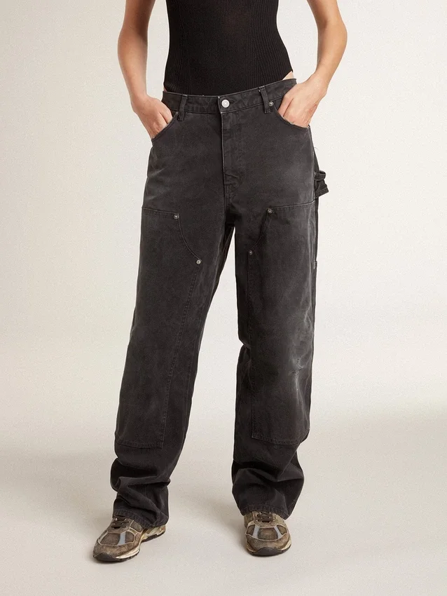 Schwarze Damenjeans aus Baumwolle im Distressed-Look mit Aufnähern vorne