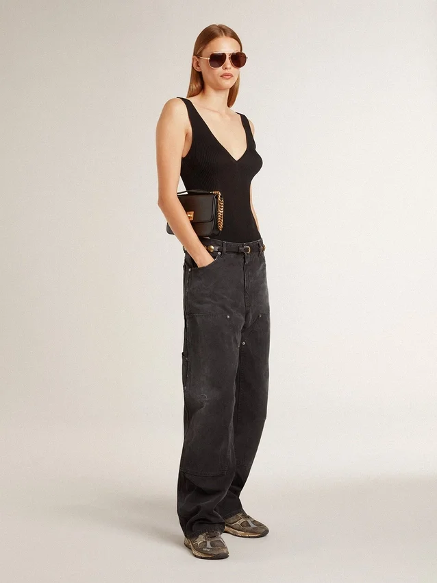 Schwarze Damenjeans aus Baumwolle im Distressed-Look mit Aufnähern vorne