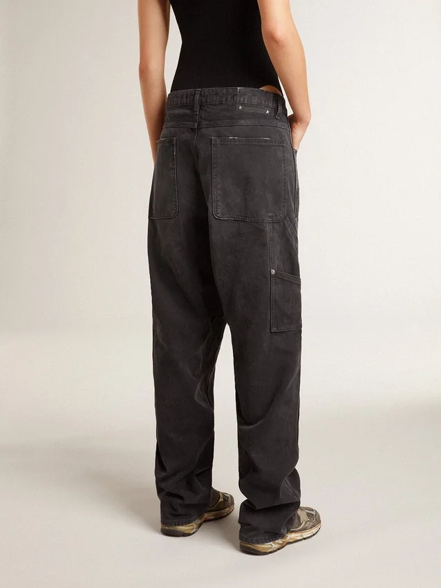 Schwarze Damenjeans aus Baumwolle im Distressed-Look mit Aufnähern vorne