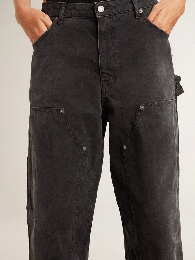 Schwarze Damenjeans aus Baumwolle im Distressed-Look mit Aufnähern vorne