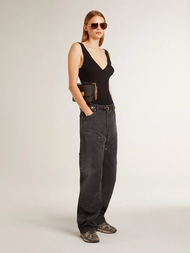 Schwarze Damenjeans aus Baumwolle im Distressed-Look mit Aufnähern vorne