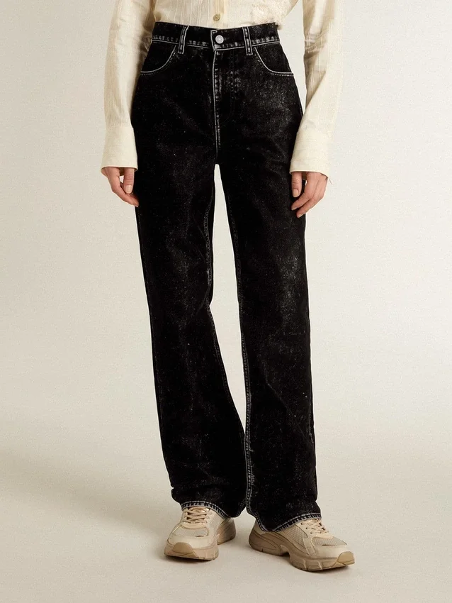 Schwarze Damenjeans mit samtartigem Wasch-Effekt