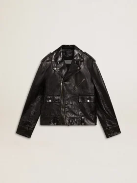 Schwarze Herren-Bikerjacke aus Leder mit Glanzeffekt