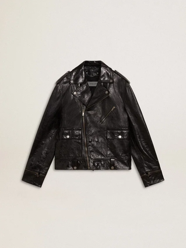 Schwarze Herren-Bikerjacke aus Leder mit Glanzeffekt