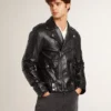 Schwarze Herren-Bikerjacke aus Leder mit Glanzeffekt