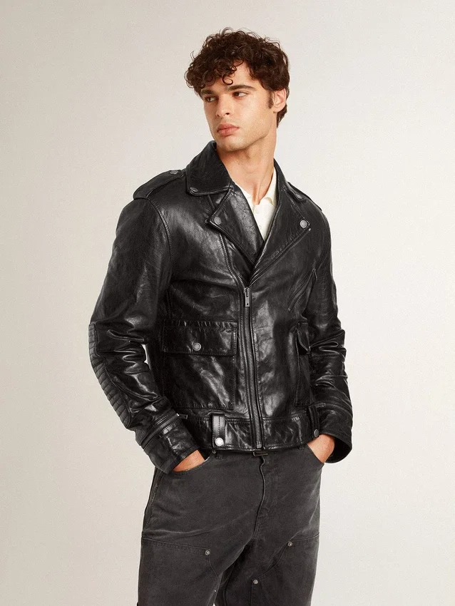 Schwarze Herren-Bikerjacke aus Leder mit Glanzeffekt