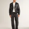 Schwarze Herren-Bikerjacke aus Leder mit Glanzeffekt