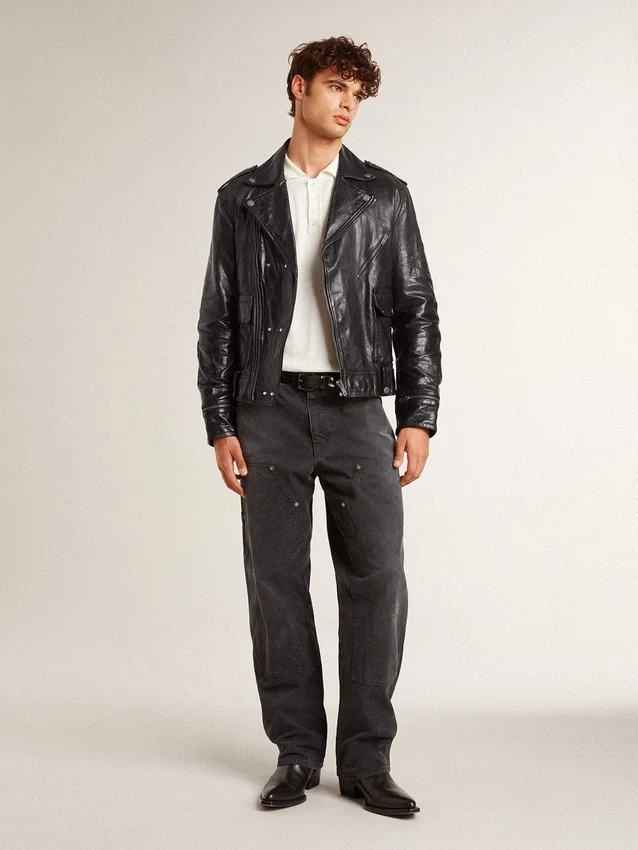 Schwarze Herren-Bikerjacke aus Leder mit Glanzeffekt