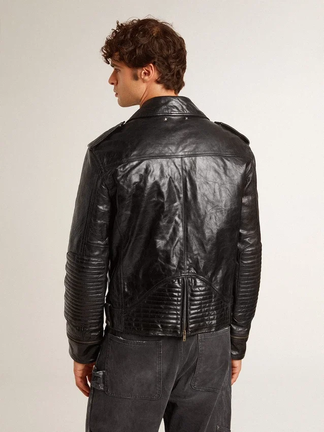 Schwarze Herren-Bikerjacke aus Leder mit Glanzeffekt