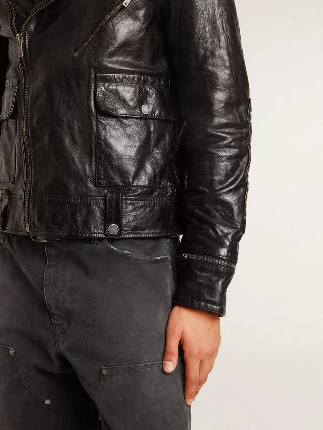 Schwarze Herren-Bikerjacke aus Leder mit Glanzeffekt