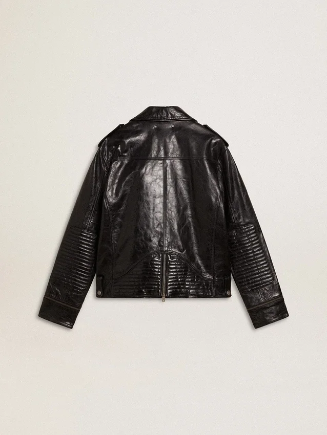 Schwarze Herren-Bikerjacke aus Leder mit Glanzeffekt