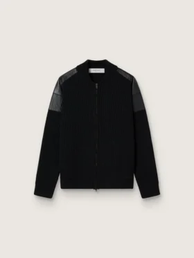 Schwarze Herrenjacke aus Merinowolle mit Ledereinsätzen