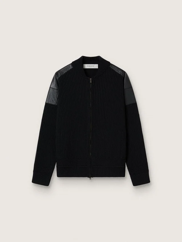 Schwarze Herrenjacke aus Merinowolle mit Ledereinsätzen