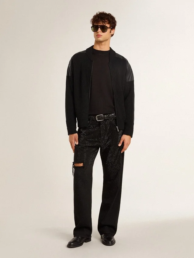 Schwarze Herrenjacke aus Merinowolle mit Ledereinsätzen