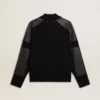 Schwarze Herrenjacke aus Merinowolle mit Ledereinsätzen