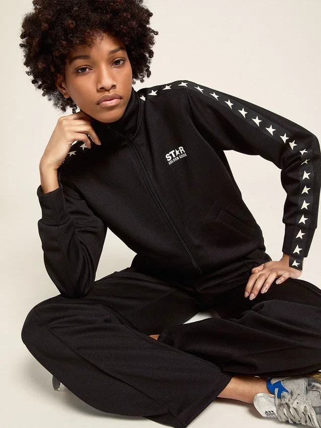 Schwarzes Damen-Sweatshirt mit Reissverschluss und weissen Sternen