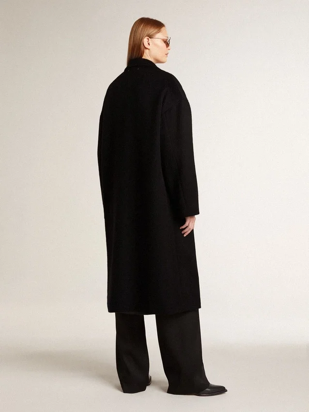 Schwarzer Cocoon-Mantel für Damen mit einreihigem Verschluss