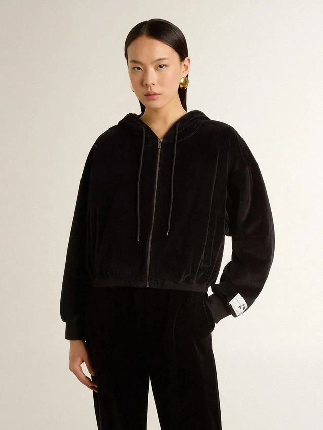 Schwarzer Damen-Hoodie aus Baumwollmischung mit Reissverschluss