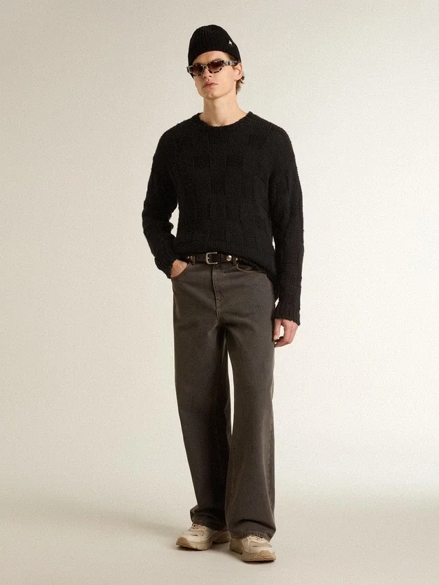 Schwarzer Herrenpullover aus Wolle mit Used-Look